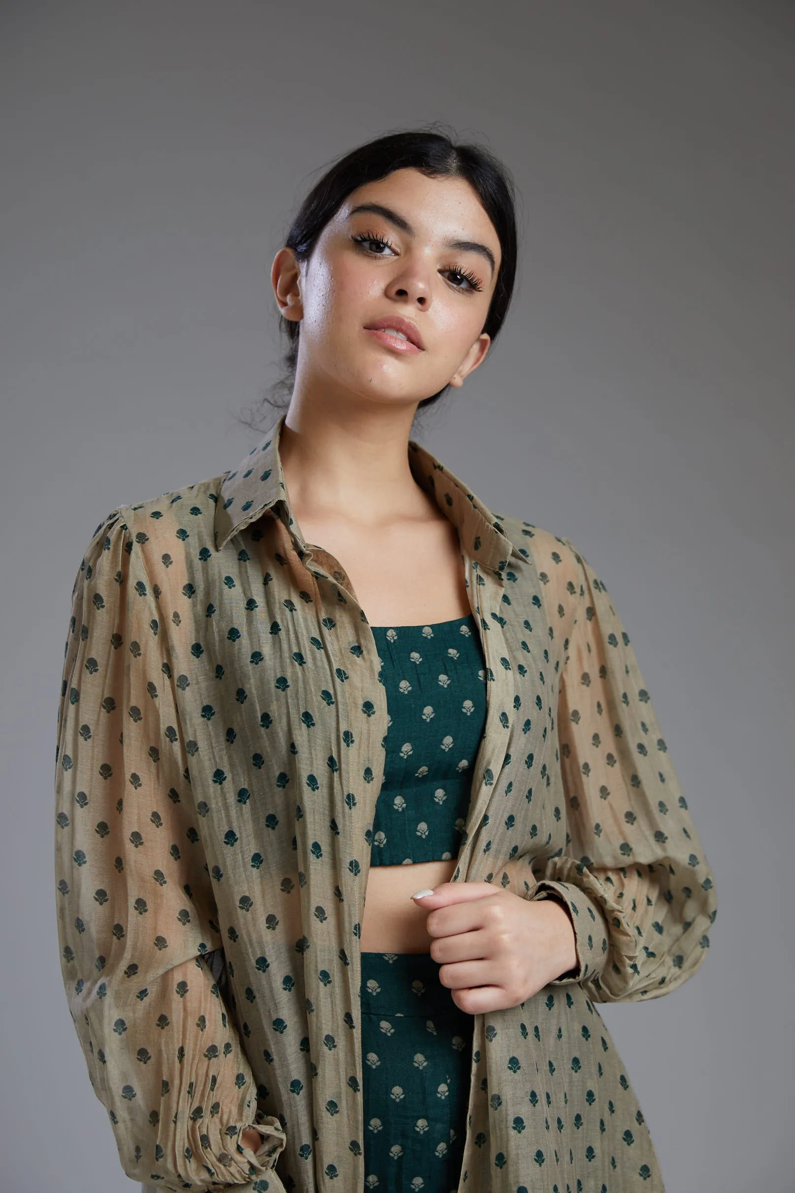 Green & Beige Polka Bustier With Shirt Set