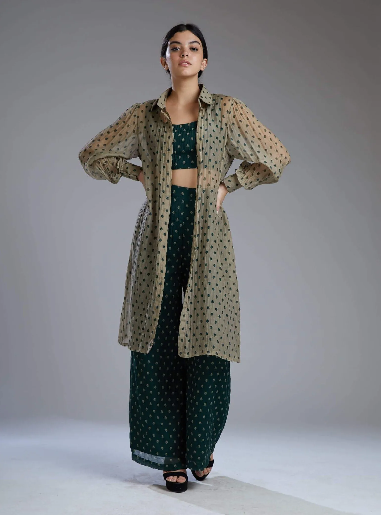 Green & Beige Polka Bustier With Shirt Set