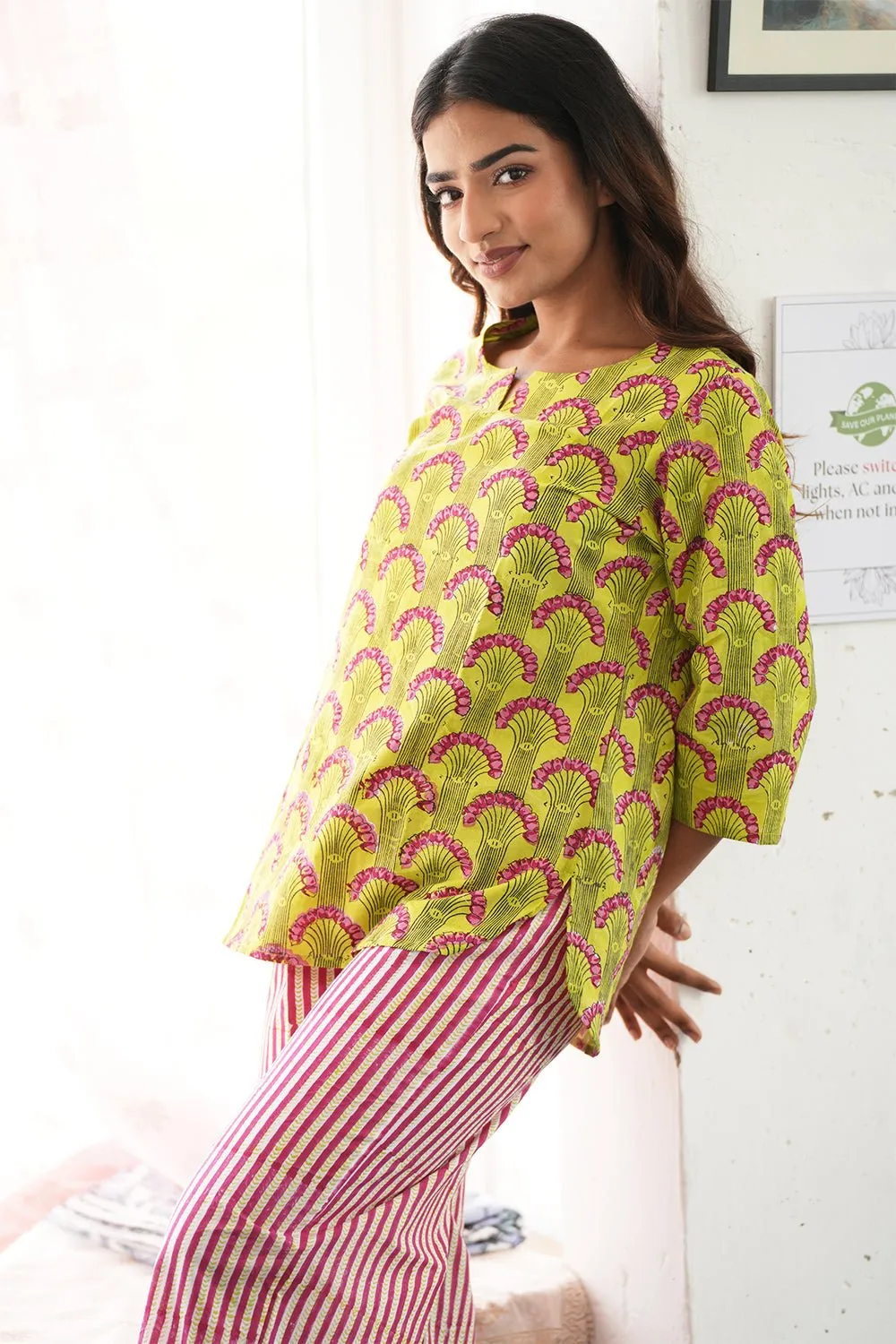 Green Apple Flame Block Printed Night suit