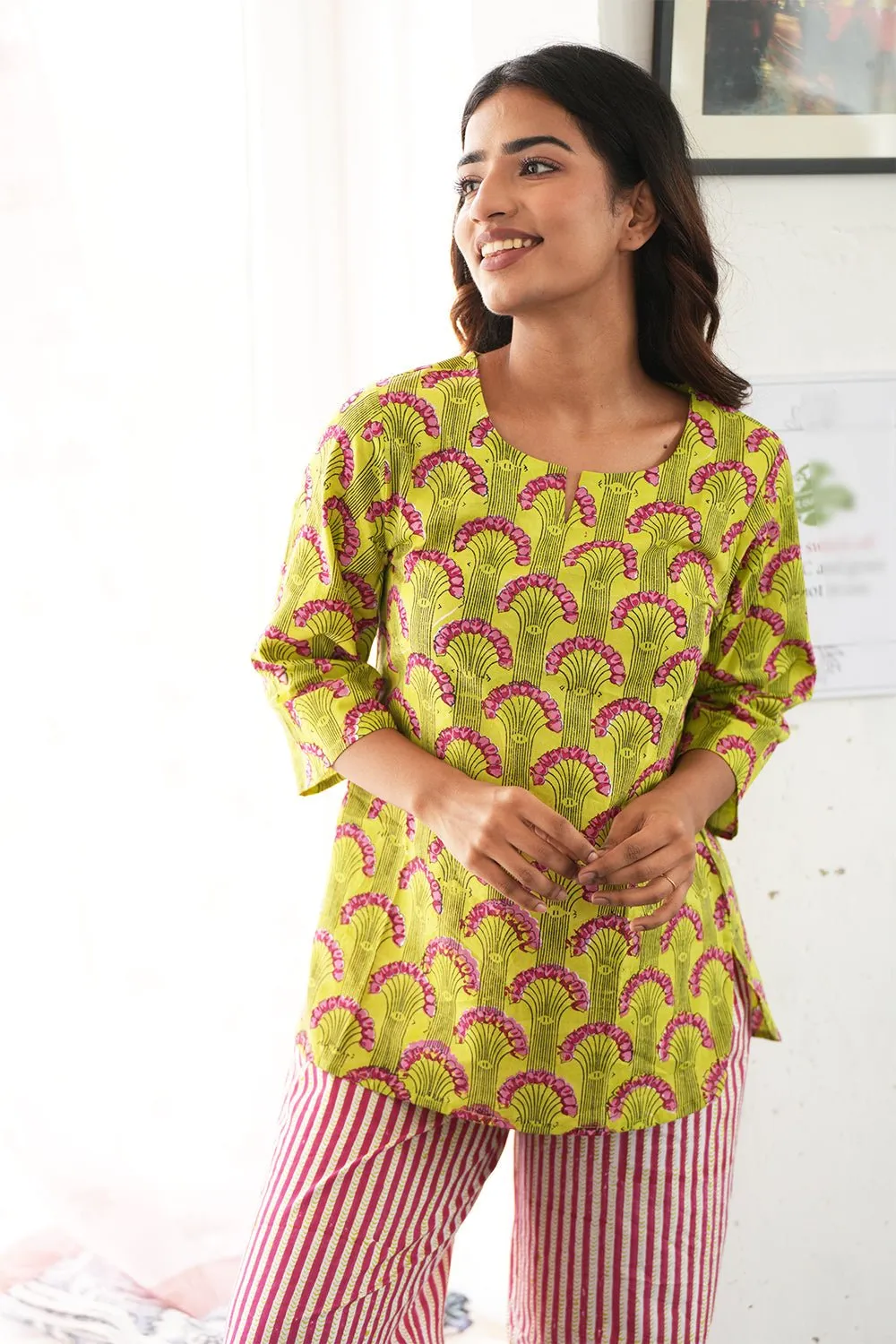 Green Apple Flame Block Printed Night suit