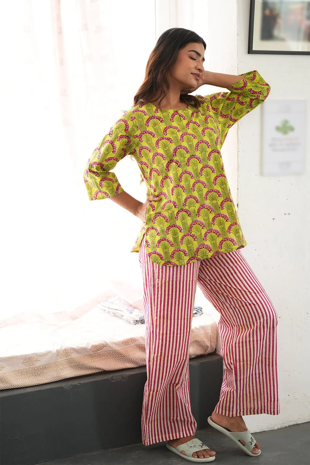 Green Apple Flame Block Printed Night suit