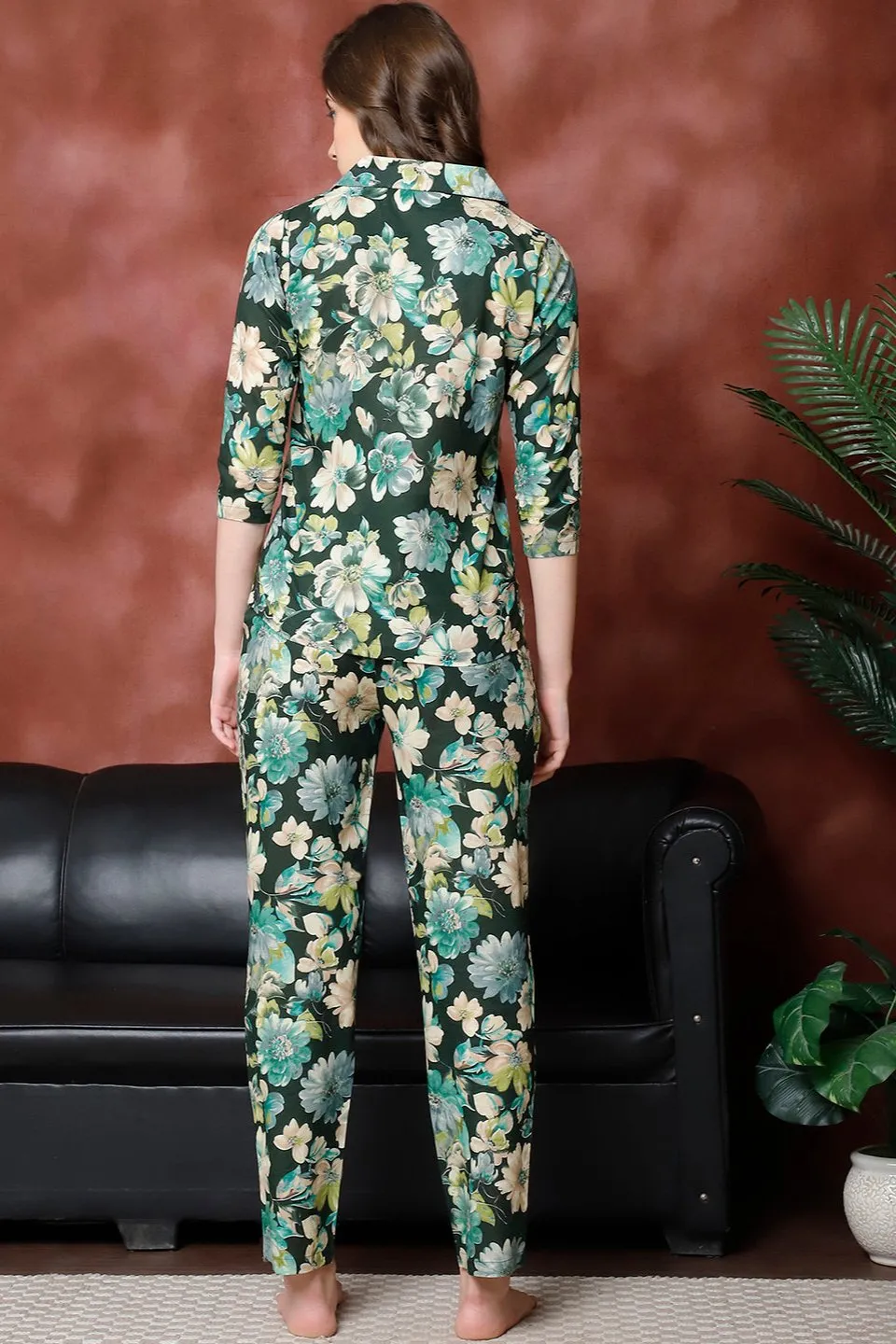 Green Floral Printed Pure Cotton Night Suit for Women | S-XXL | Claura