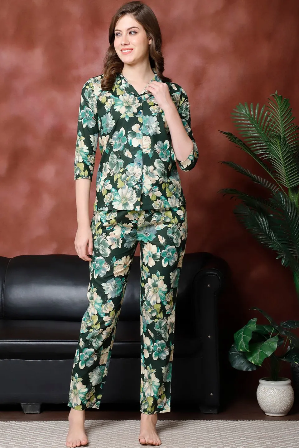 Green Floral Printed Pure Cotton Night Suit for Women | S-XXL | Claura