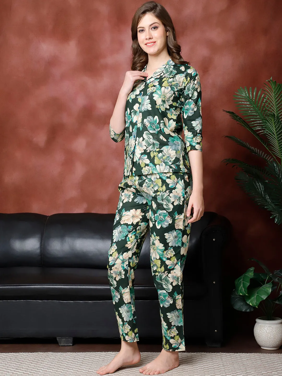 Green Floral Printed Pure Cotton Night Suit for Women | S-XXL | Claura