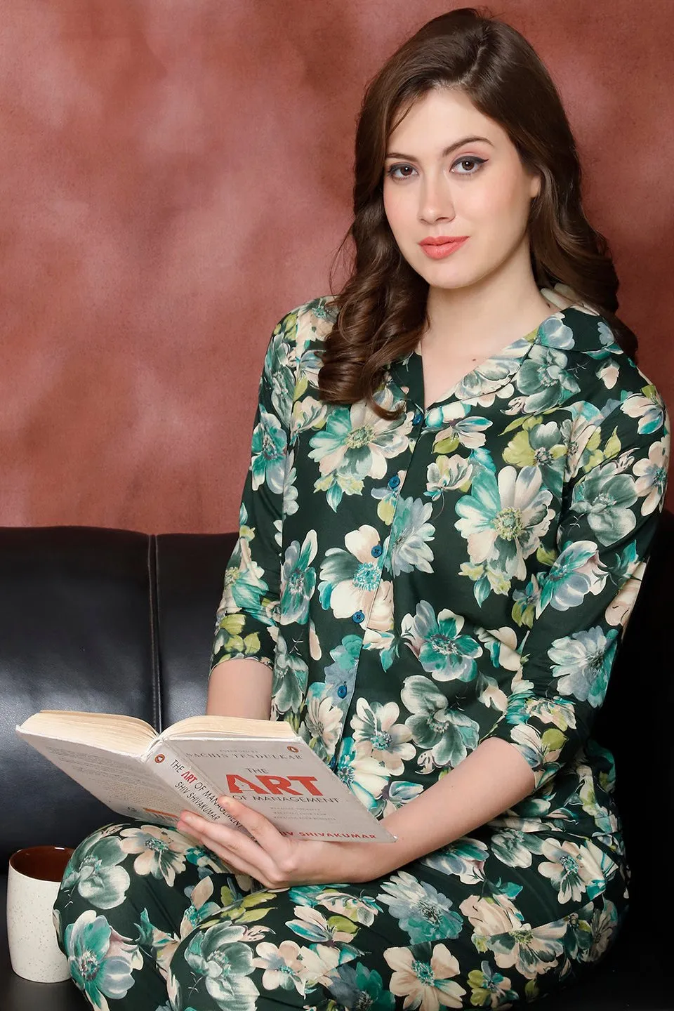 Green Floral Printed Pure Cotton Night Suit for Women | S-XXL | Claura