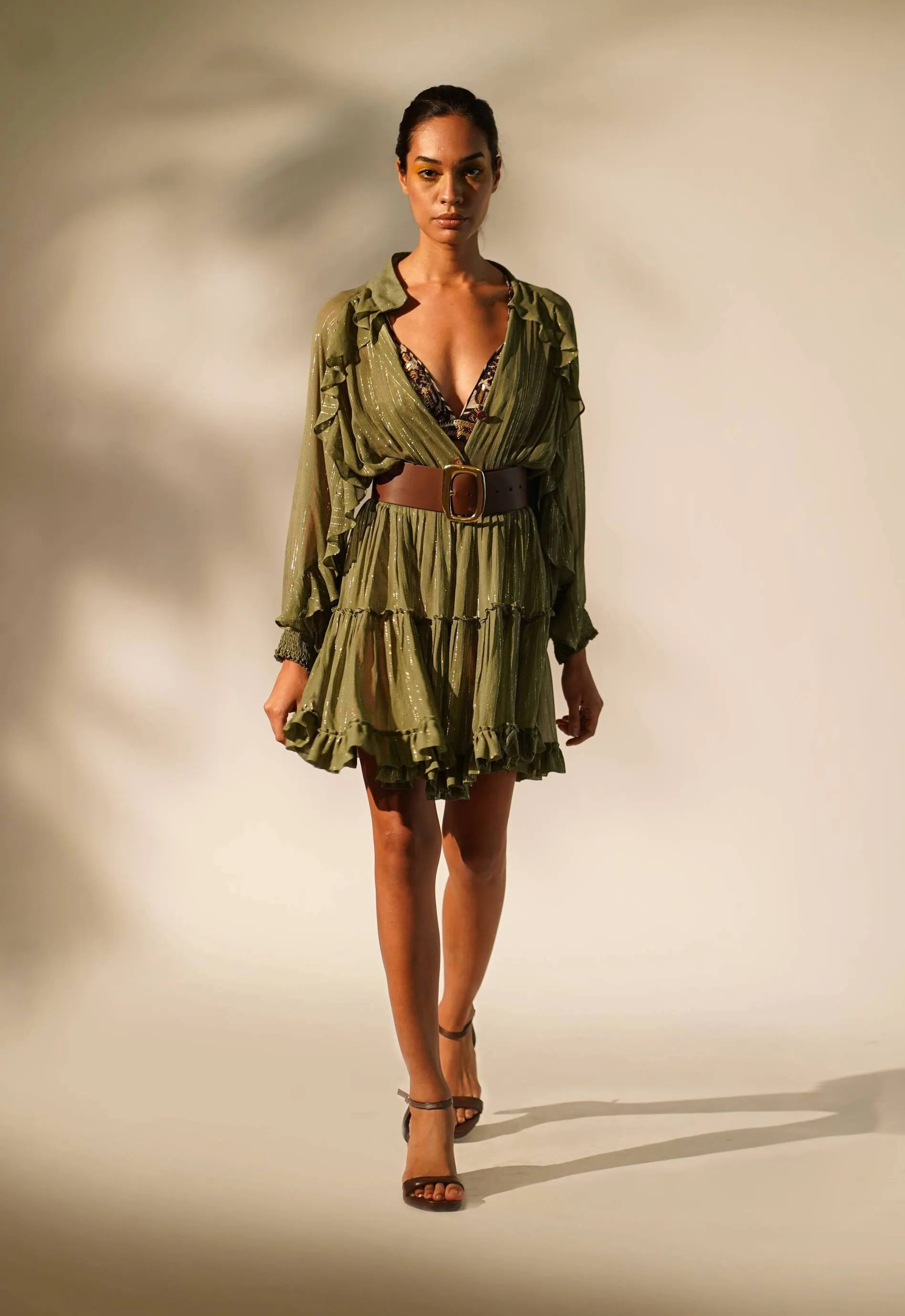 Green lurex short dress with inner