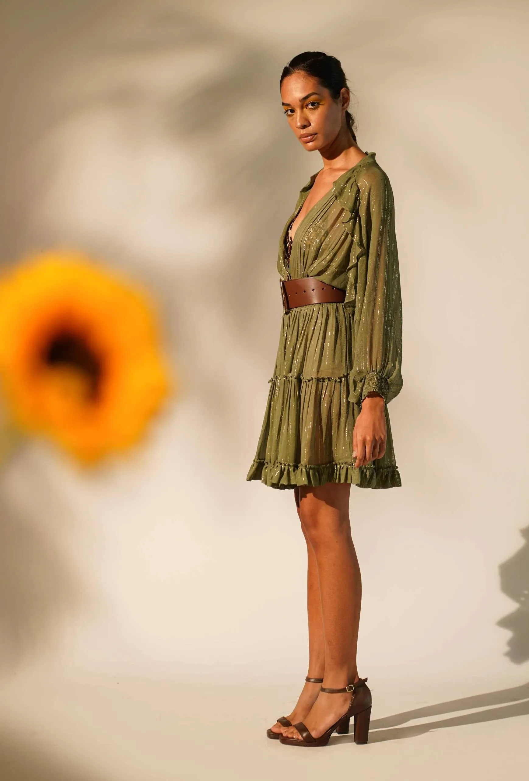 Green lurex short dress with inner