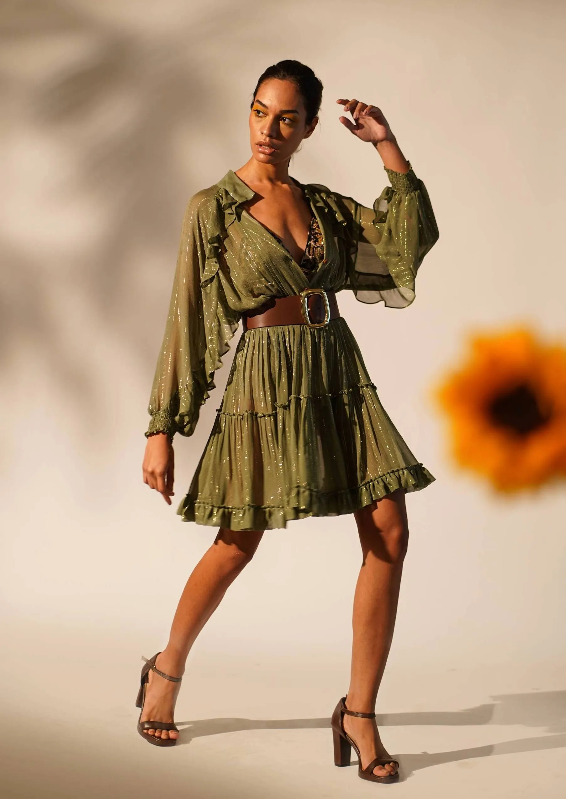 Green lurex short dress with inner