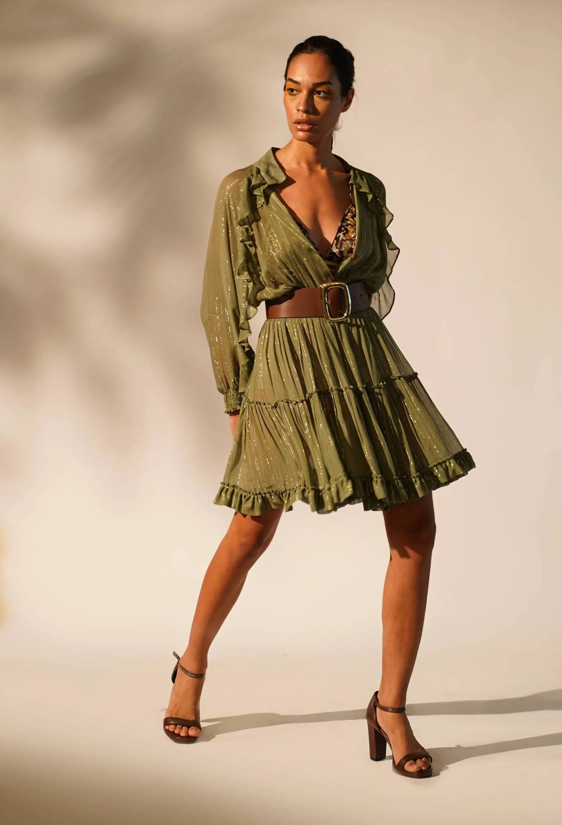 Green lurex short dress with inner