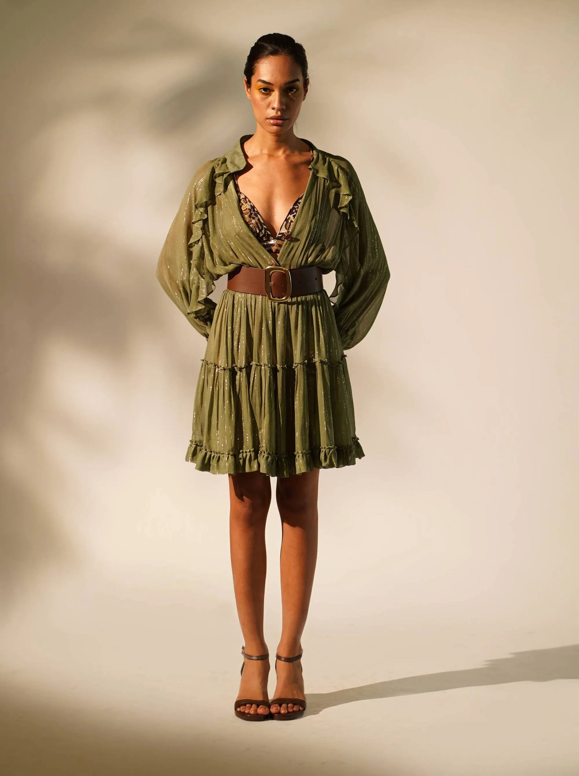 Green lurex short dress with inner