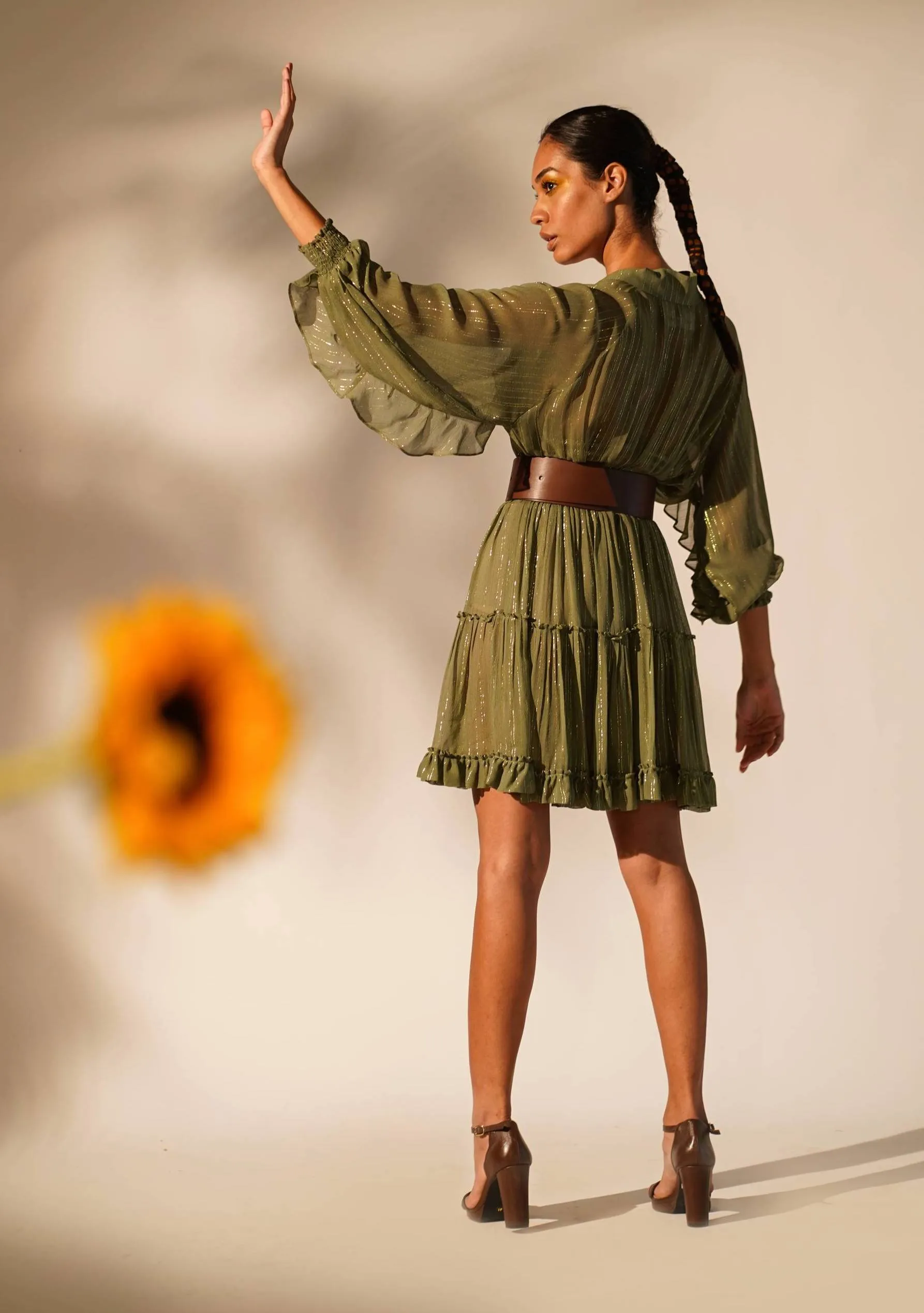 Green lurex short dress with inner