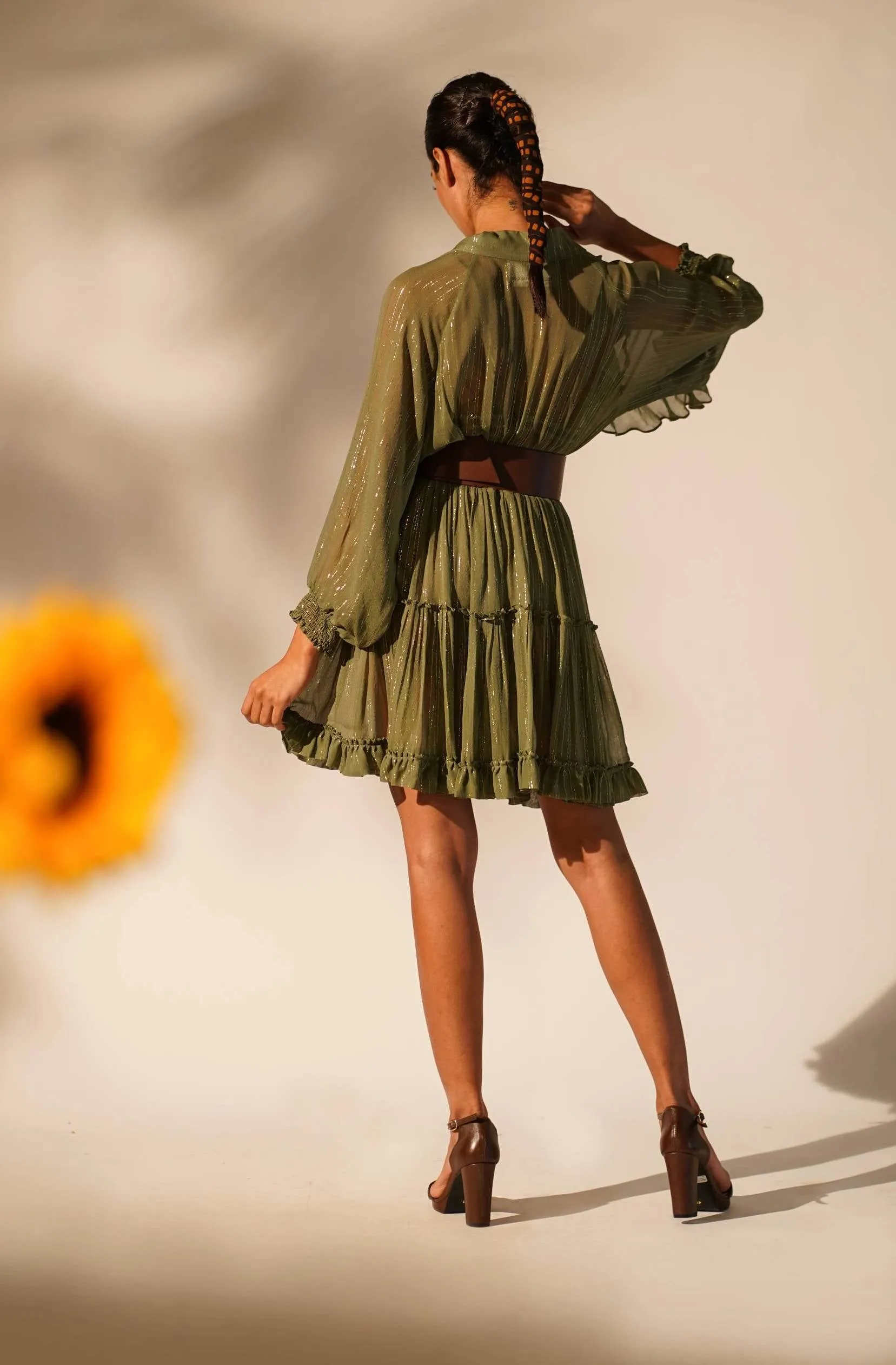 Green lurex short dress with inner