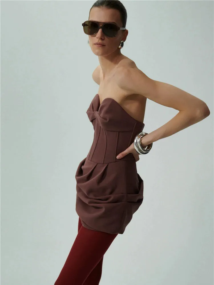 GRISELDA DRAPED WOOL-BLEND BUSTIER MINI DRESS IN BROWN