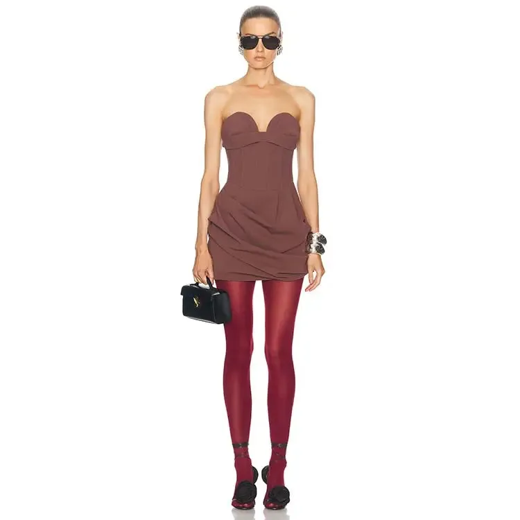 GRISELDA DRAPED WOOL-BLEND BUSTIER MINI DRESS IN BROWN