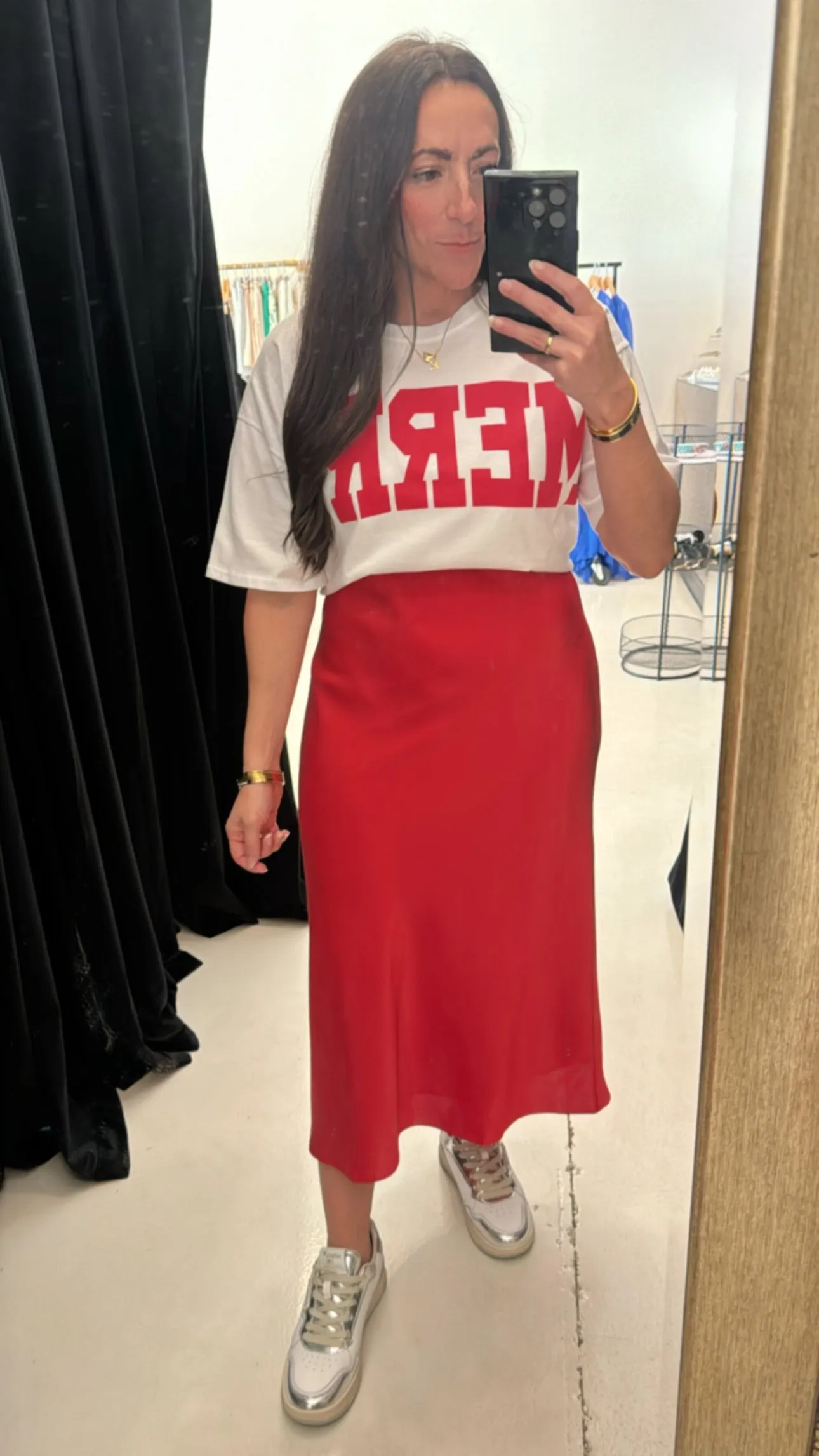 Hello Holidays Red Midi Skirt by Current Air
