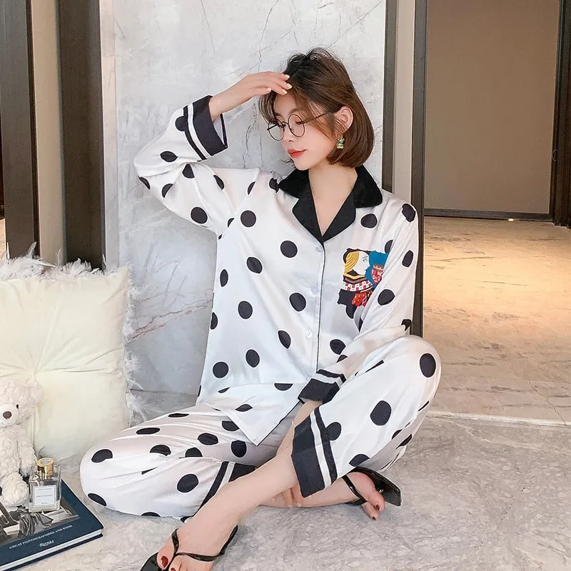 High Quality Women's Pajamas Set Luxury Style Chain Print Sleepwear Silk Like Leisure Home Clothes Nightwear Lounge