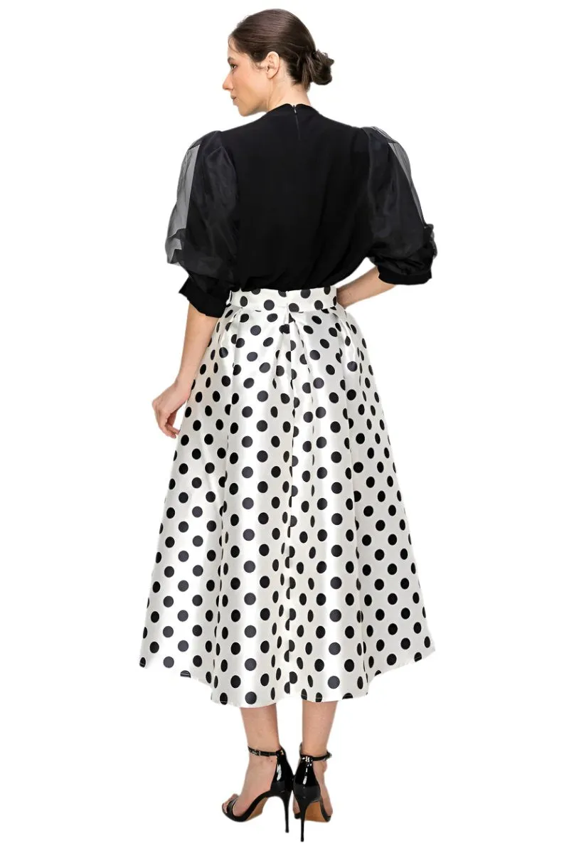 High Waist Polka Dot Print Pleated Midi Skirt.