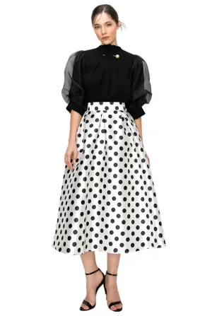 High Waist Polka Dot Print Pleated Midi Skirt.