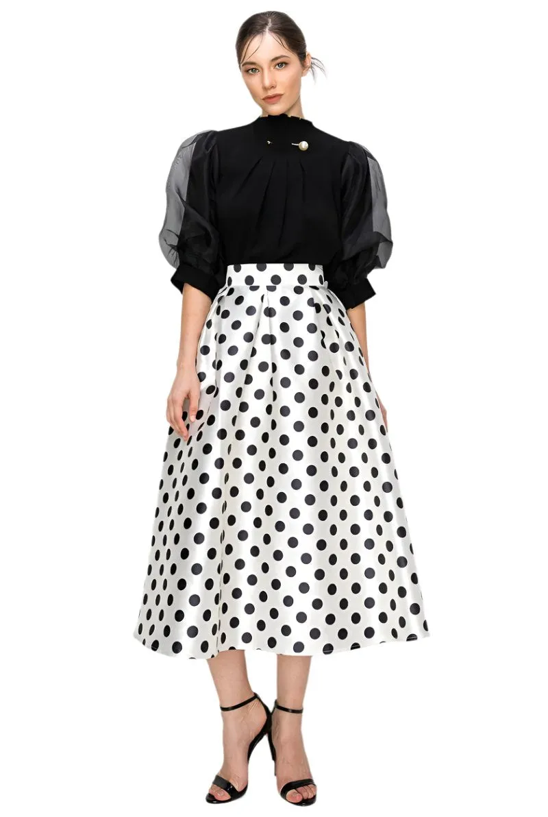 High Waist Polka Dot Print Pleated Midi Skirt.