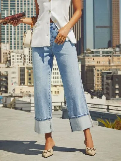 High Waisted Straight Leg Rolled Jeans