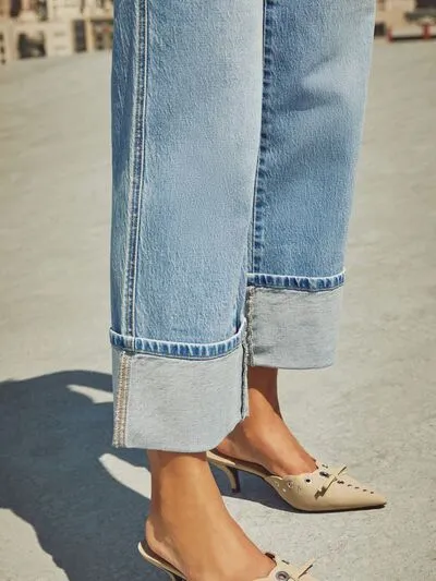 High Waisted Straight Leg Rolled Jeans