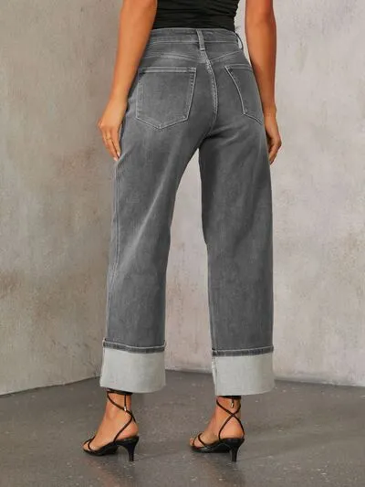 High Waisted Straight Leg Rolled Jeans
