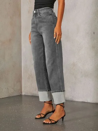 High Waisted Straight Leg Rolled Jeans