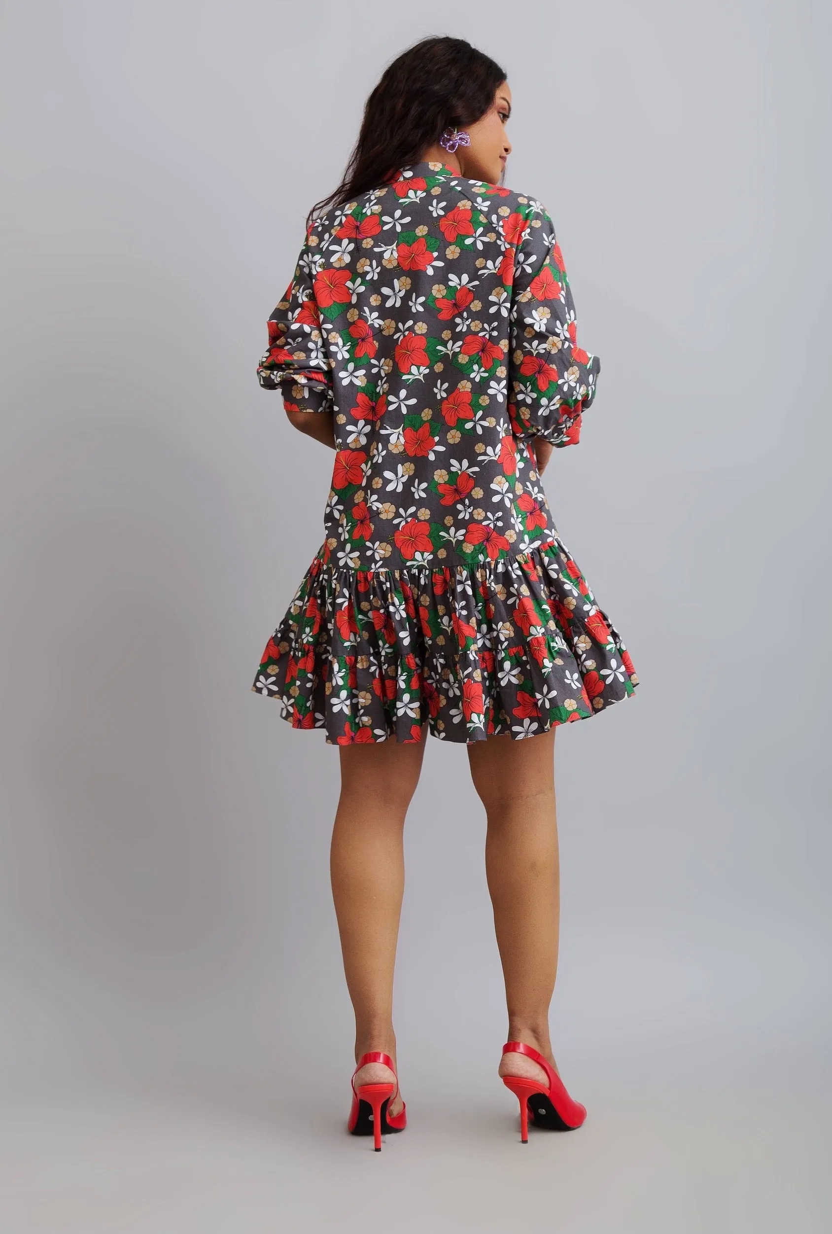 Hisbiscus Printed Ruffle Shirt Dress
