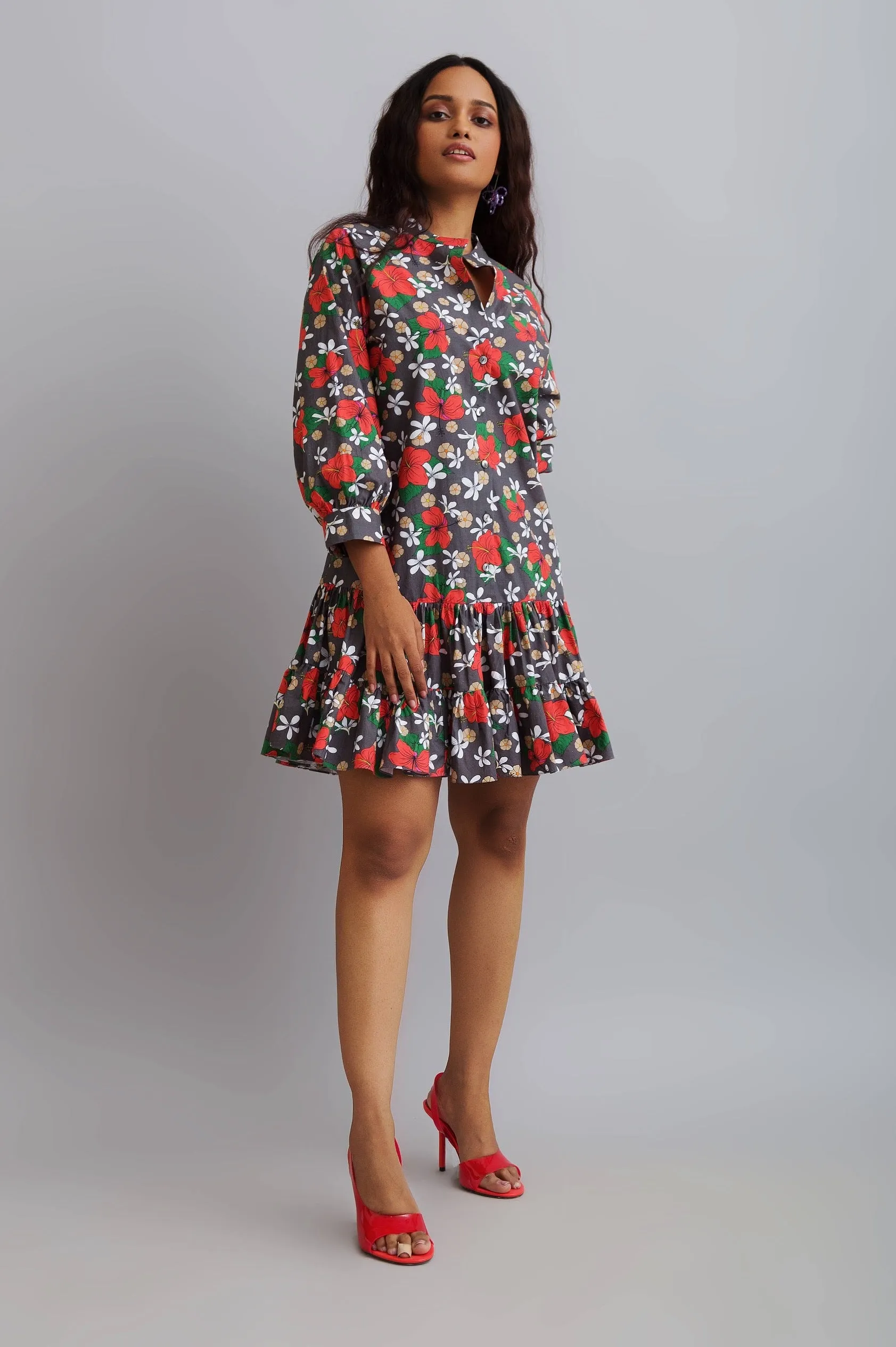 Hisbiscus Printed Ruffle Shirt Dress