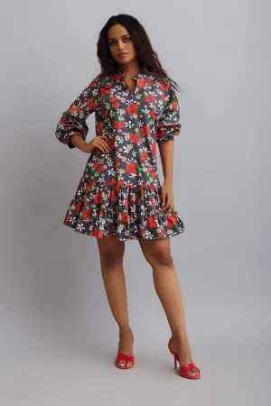 Hisbiscus Printed Ruffle Shirt Dress