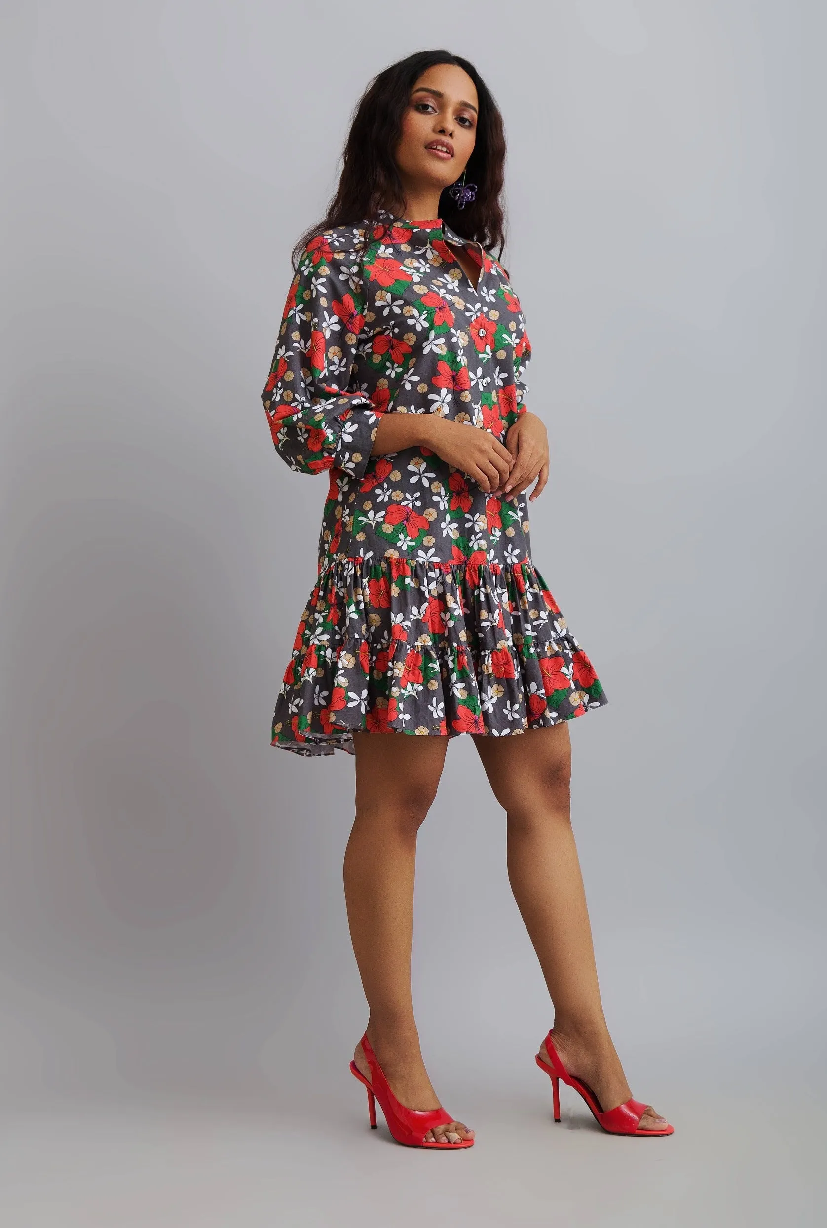 Hisbiscus Printed Ruffle Shirt Dress