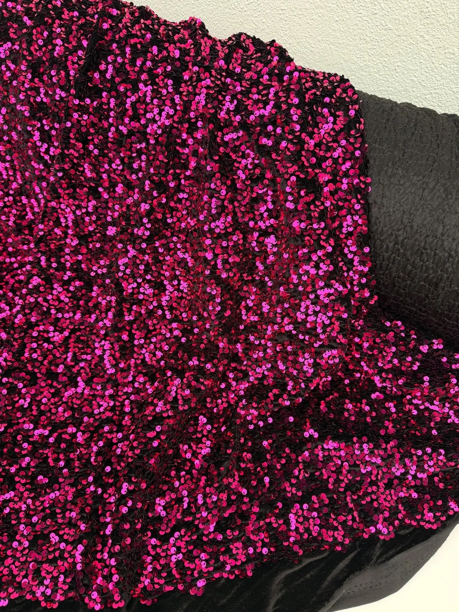 Hot Pink Sequins on Black Stretch Velvet