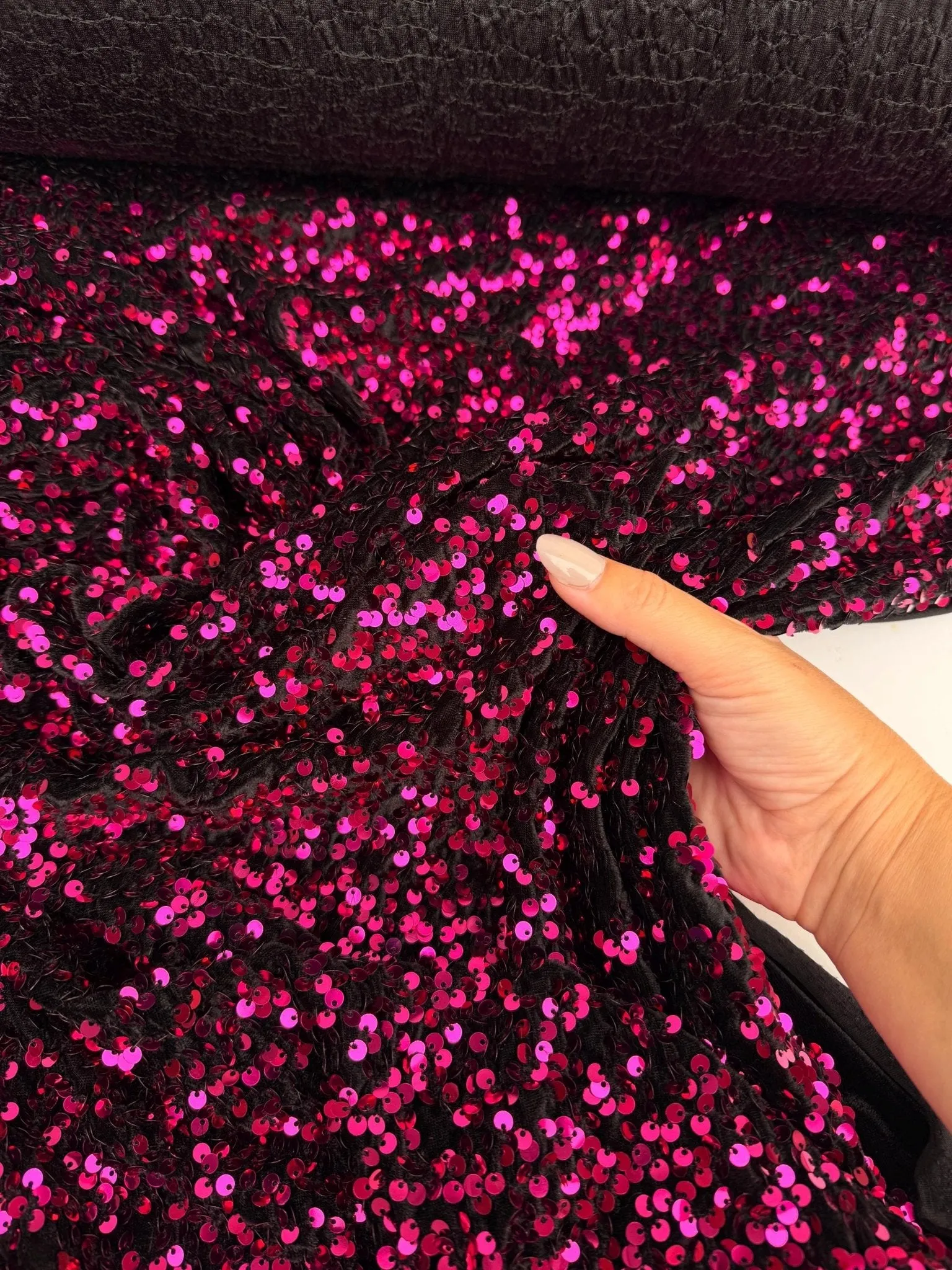 Hot Pink Sequins on Black Stretch Velvet