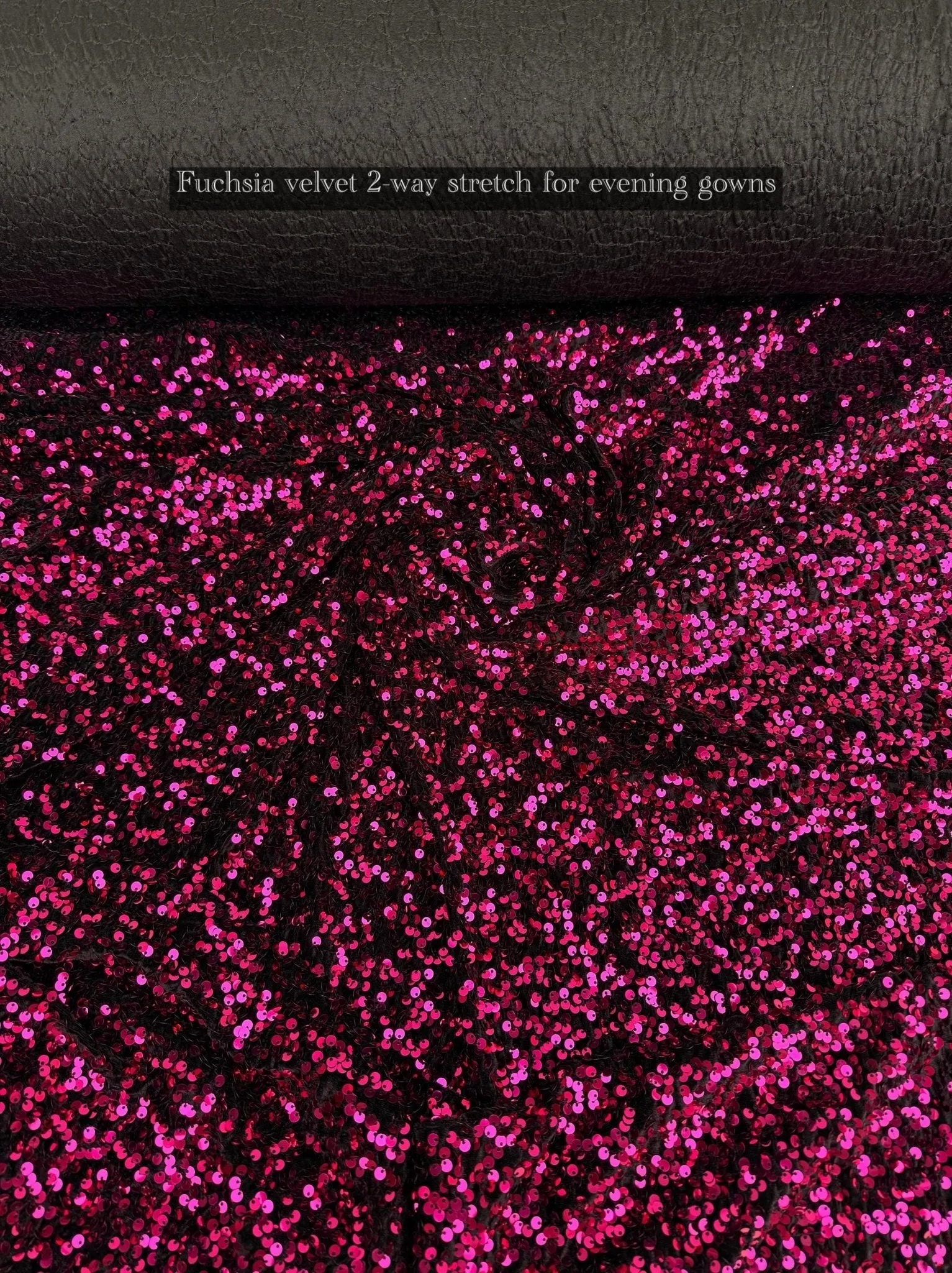 Hot Pink Sequins on Black Stretch Velvet