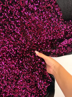 Hot Pink Sequins on Black Stretch Velvet