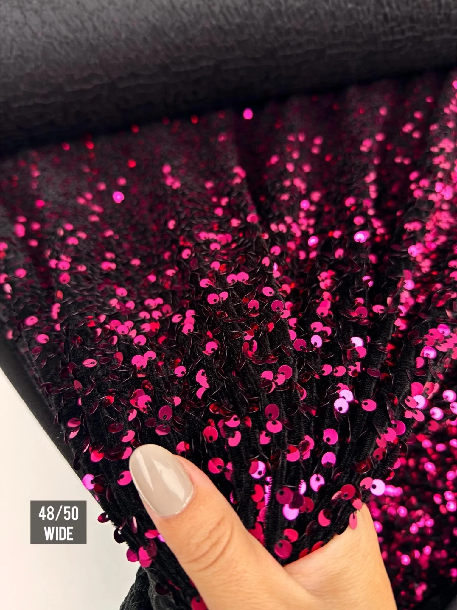 Hot Pink Sequins on Black Stretch Velvet