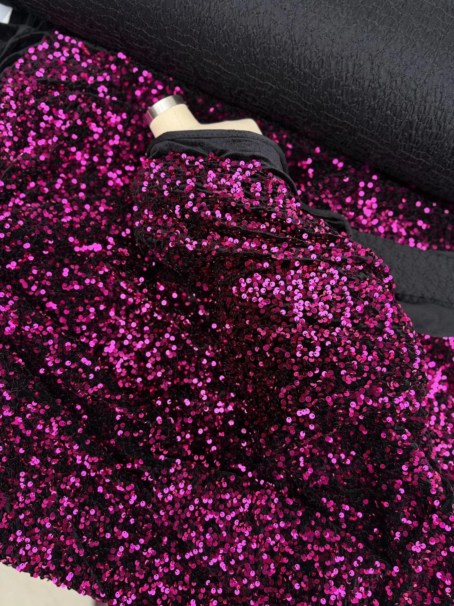 Hot Pink Sequins on Black Stretch Velvet