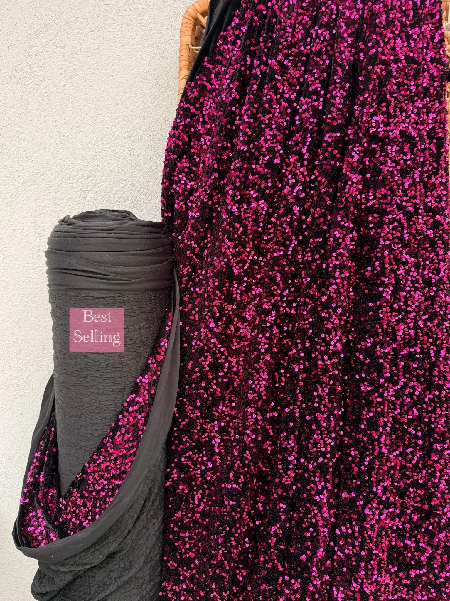 Hot Pink Sequins on Black Stretch Velvet