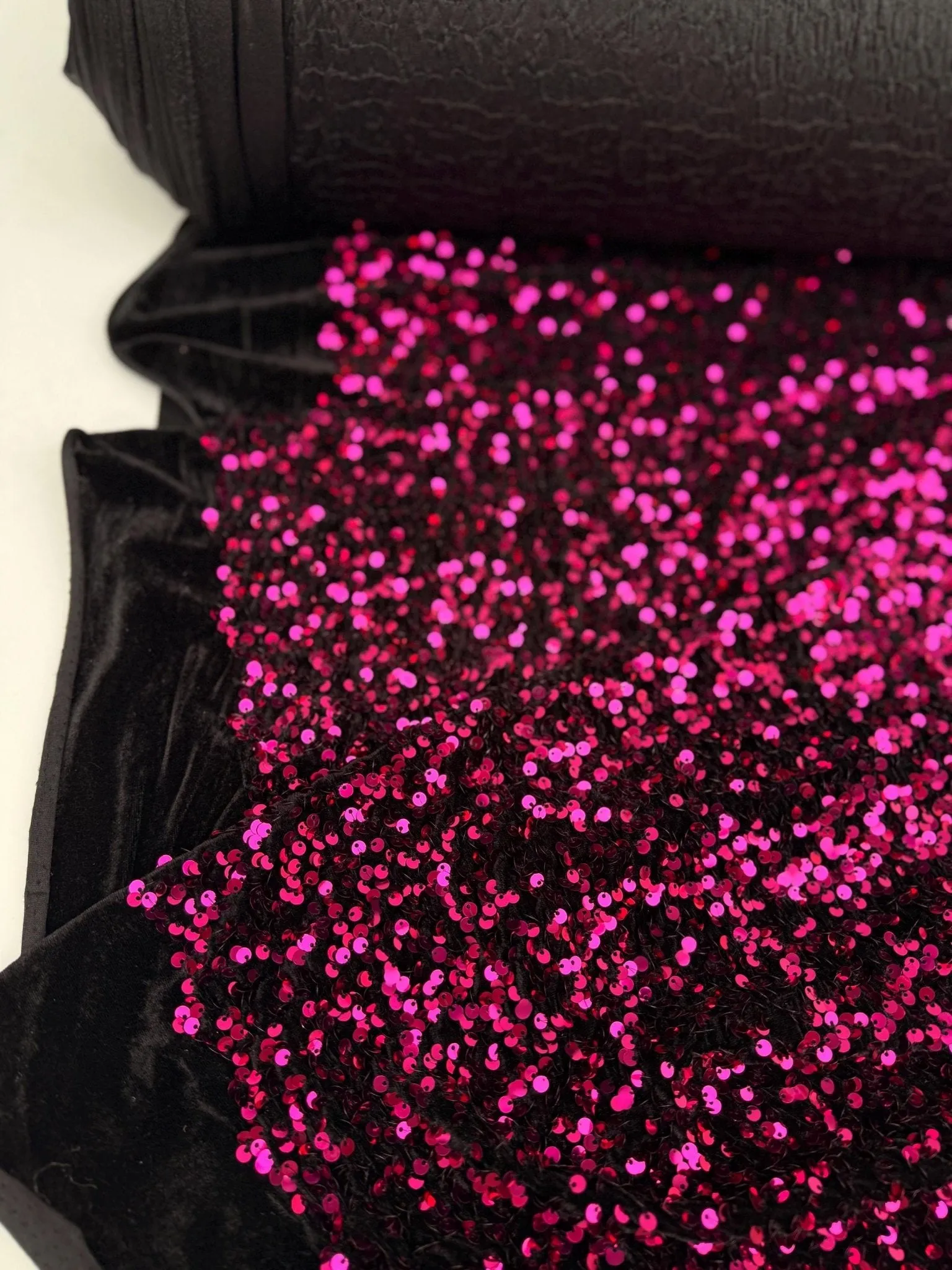 Hot Pink Sequins on Black Stretch Velvet