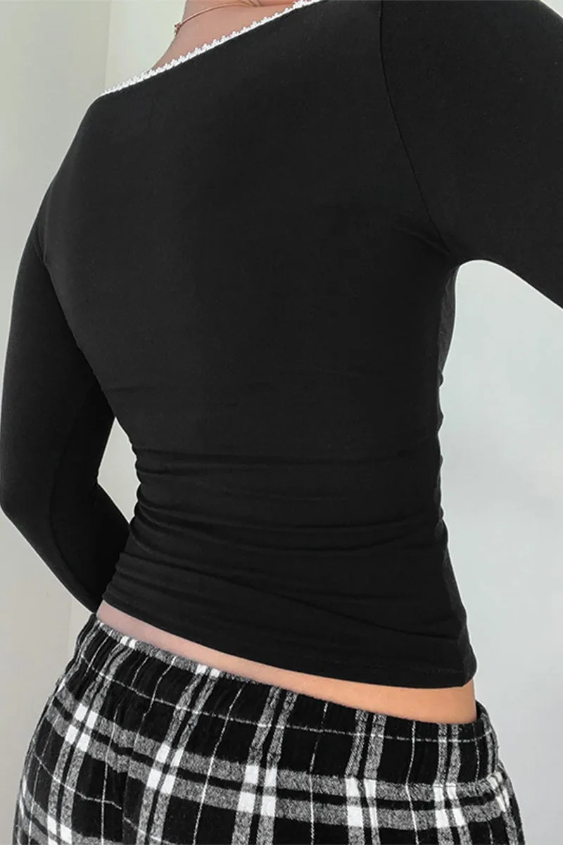 HTR1079 Lace Trimmed Long Sleeve Top