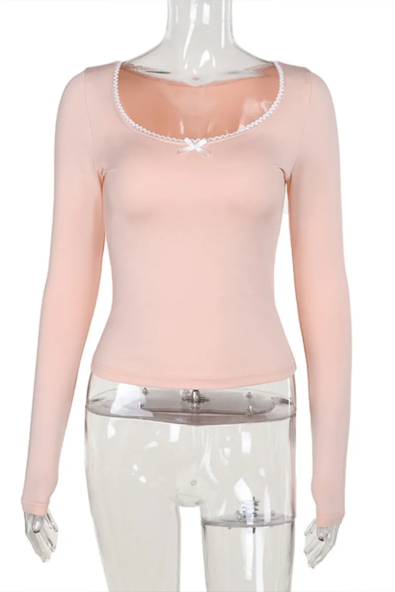 HTR1079 Lace Trimmed Long Sleeve Top