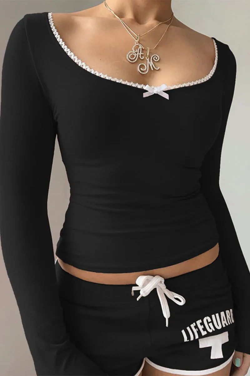 HTR1079 Lace Trimmed Long Sleeve Top