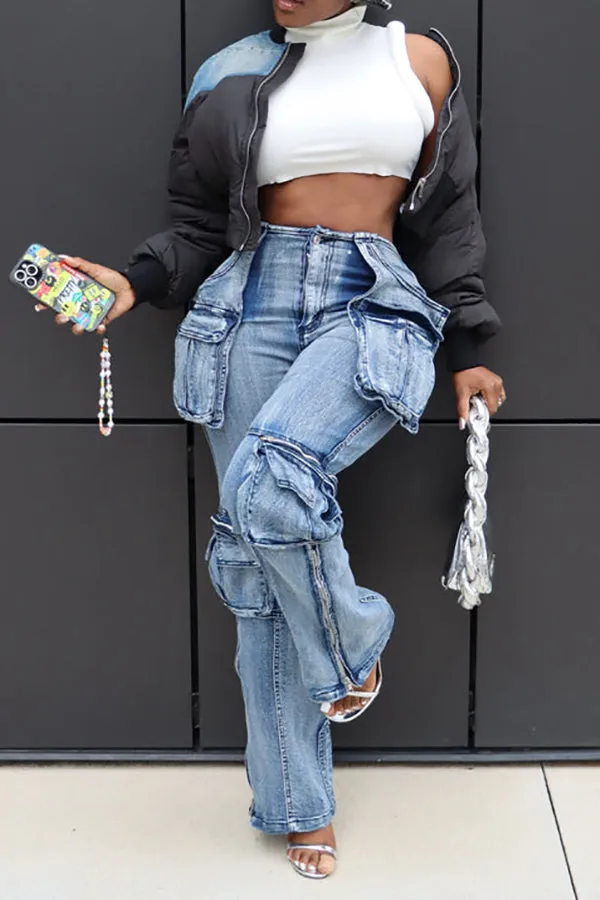 hulianfu Patchwork Modern Multi Pocket Washed Jeans