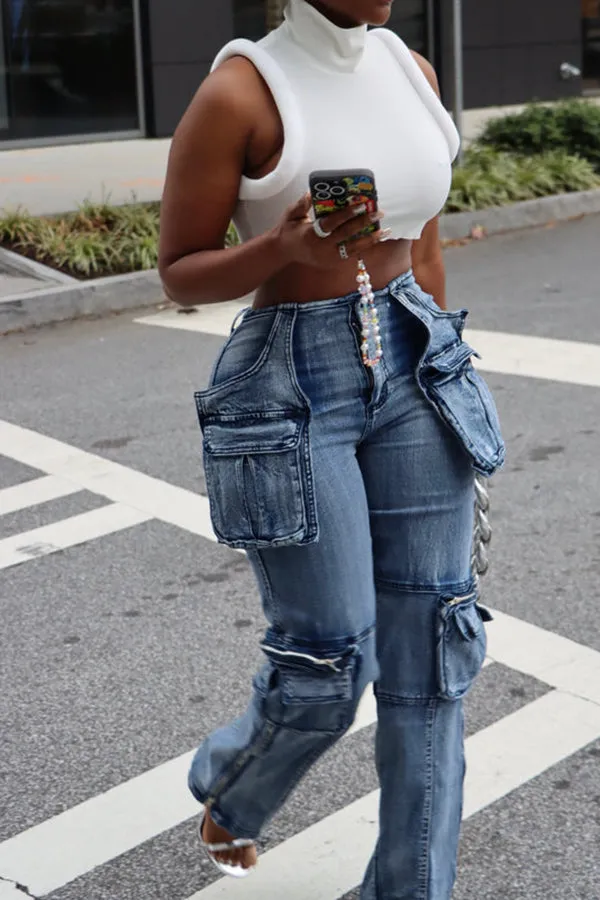 hulianfu Patchwork Modern Multi Pocket Washed Jeans