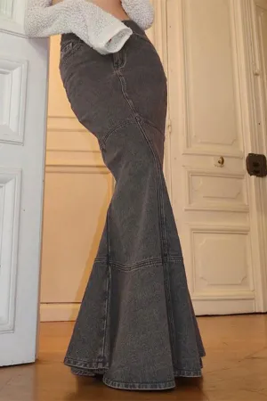 hulianfu Solid Color Elegant Fishtail Denim Skirt