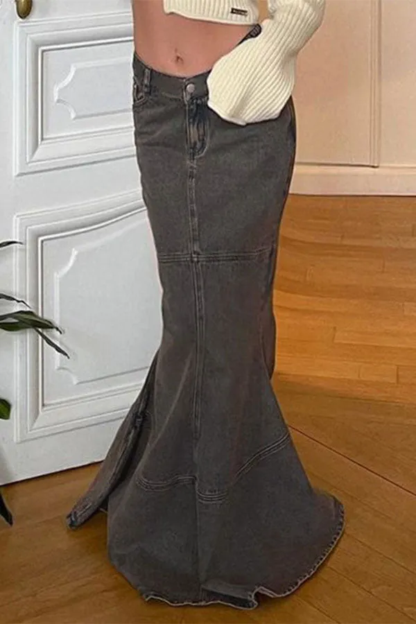 hulianfu Solid Color Elegant Fishtail Denim Skirt