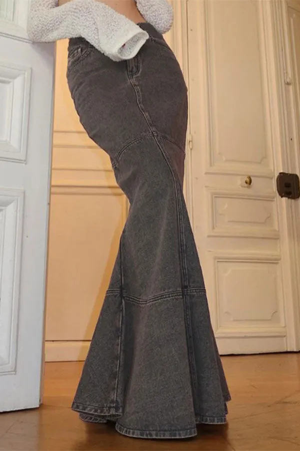 hulianfu Solid Color Elegant Fishtail Denim Skirt