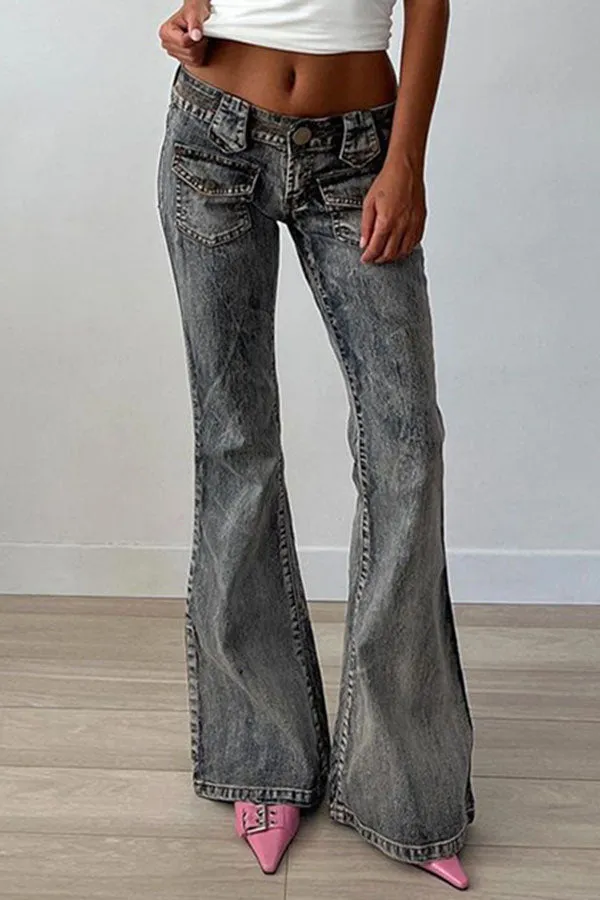 hulianfu Washed Modern Patch Pocket Micro Flared Jeans