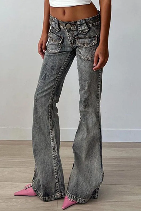 hulianfu Washed Modern Patch Pocket Micro Flared Jeans