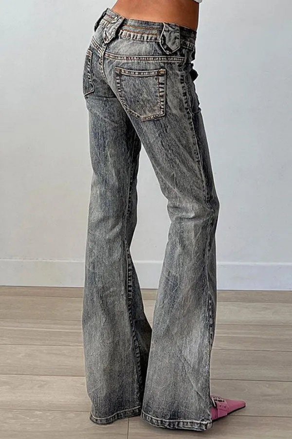 hulianfu Washed Modern Patch Pocket Micro Flared Jeans
